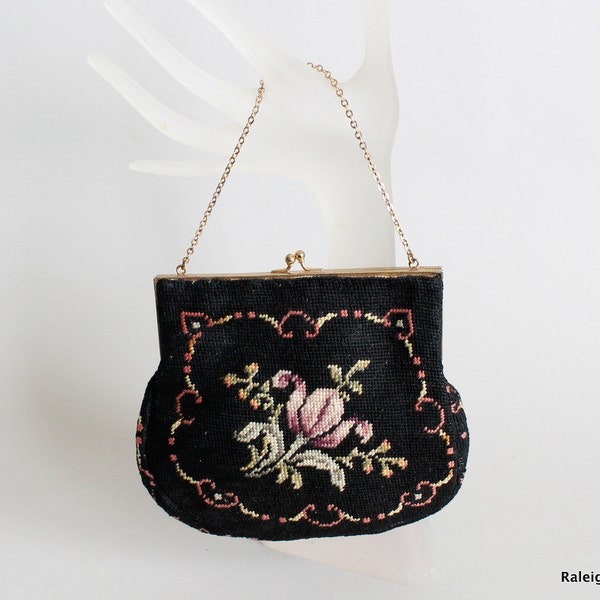 Vintage 1930s Purse : 30s 40s Floral Petit Point Handbag Needlepoint