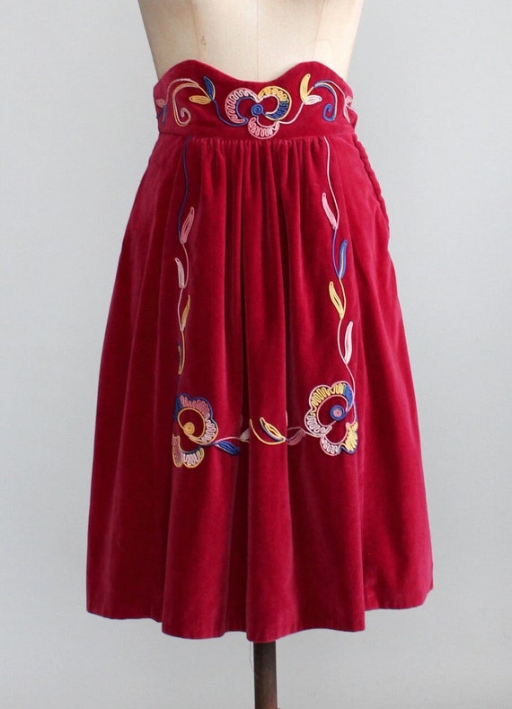 Vintage 1930s Embroidered Velvet High Waist Skirt