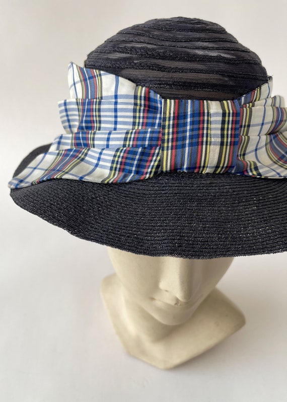Vintage 1930s Hat | 30s Navy Straw and Plaid Bow … - image 4