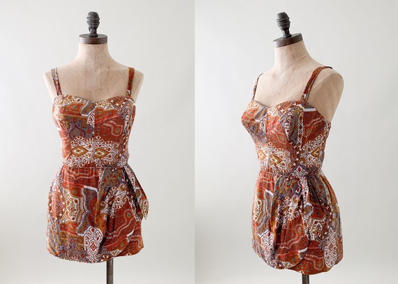 1950s Tiki Print Sarong Swimsuit Playsuit