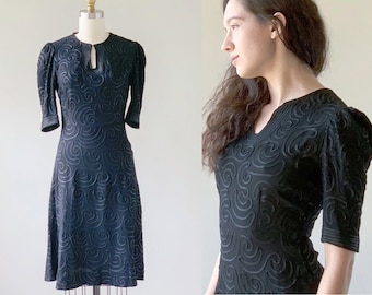 Vintage 1930s Dress | 30s Soutache Crepe Dress