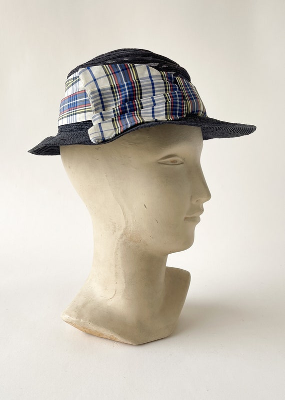 Vintage 1930s Hat | 30s Navy Straw and Plaid Bow … - image 3