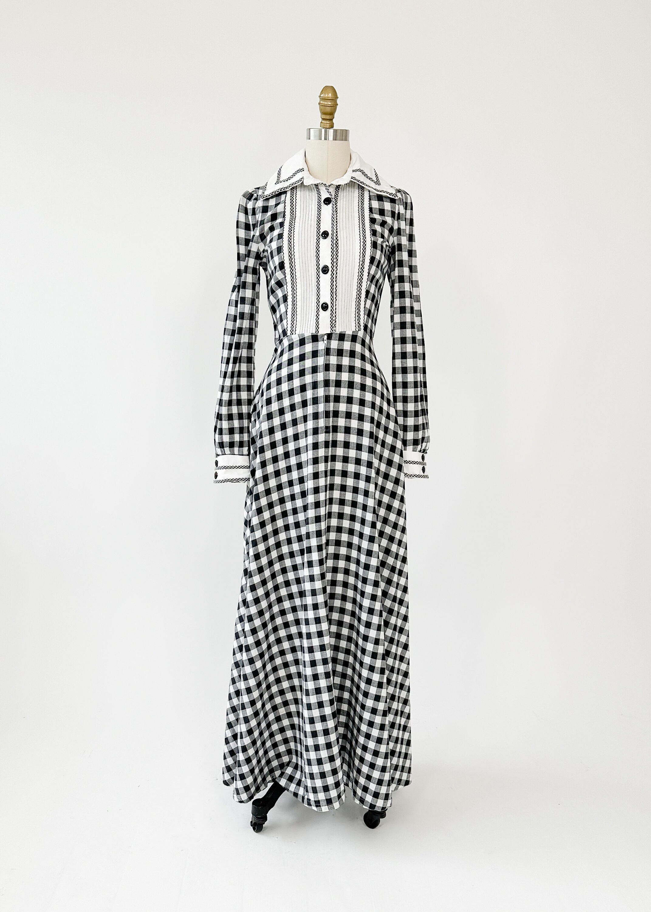 お気に入りの Vintage 1970s White Black Dress Maxi Varon Jean 70s Dress ワンピース