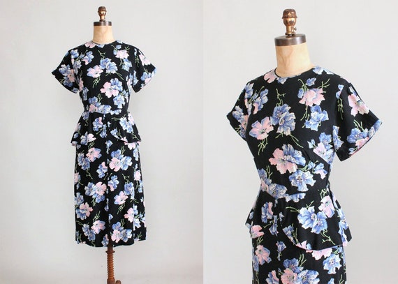 Vintage 1940s Floral Rayon Peplum Day Dress