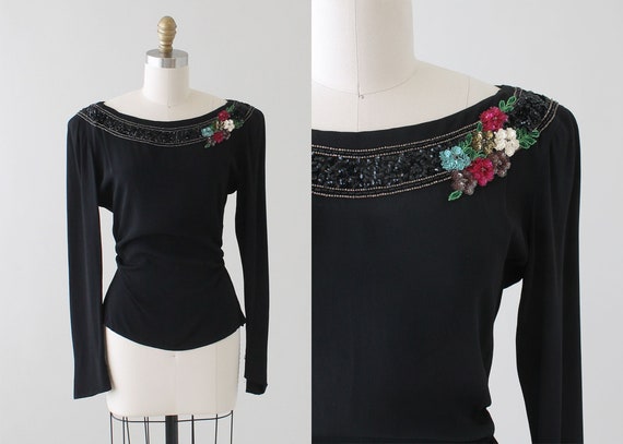 Vintage 1940s Floral Sequined Black Rayon Blouse