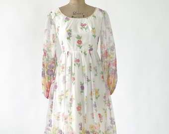 Vintage 1970s Dress | 70s Floral Chiffon Maxi Dress