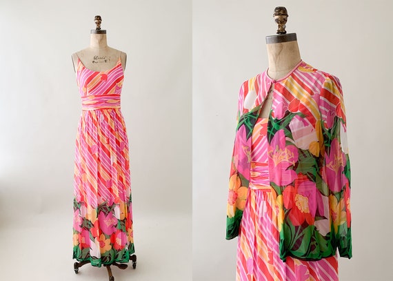 Vintage 1970s Chiffon Maxi Dress and Jacket - Gem