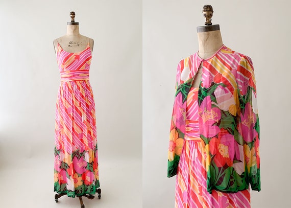 Vintage 1970s Chiffon Maxi Dress and Jacket - image 1