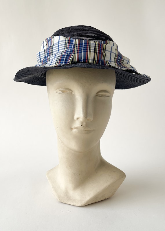 Vintage 1930s Hat | 30s Navy Straw and Plaid Bow … - image 2