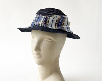 Vintage 1930s Hat | 30s Navy Straw and Plaid Bow Hat