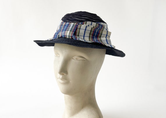 Vintage 1930s Hat | 30s Navy Straw and Plaid Bow … - image 1