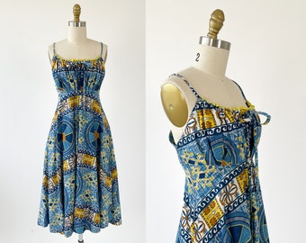 Vintage 1970s Tiki Print Sundress | 70s Cotton Dress