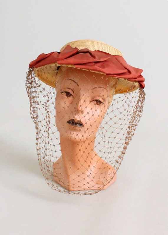 Vintage 1940s Straw Hat with Veil