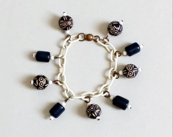 Vintage 1930s Navy Carved Beads on Celluloid Chain