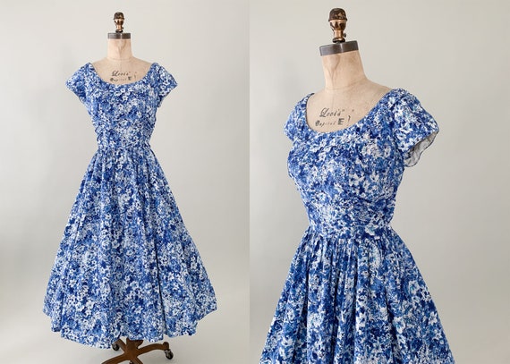 Vintage 1950s Jerry Gilden Blue Floral Dress