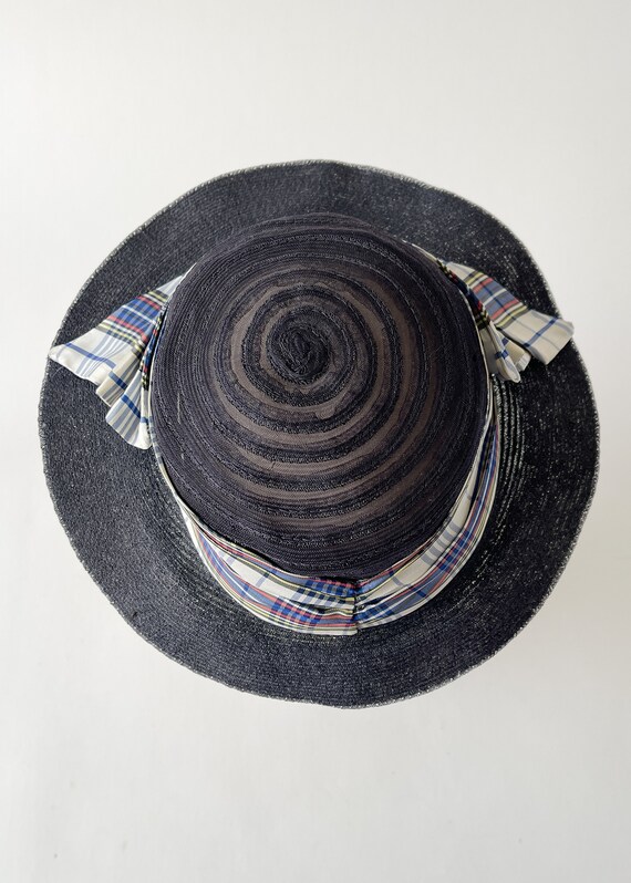 Vintage 1930s Hat | 30s Navy Straw and Plaid Bow … - image 5