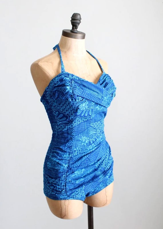 Vintage 1950s Swimsuit | Catalina Blue Tiki Pin U… - image 2