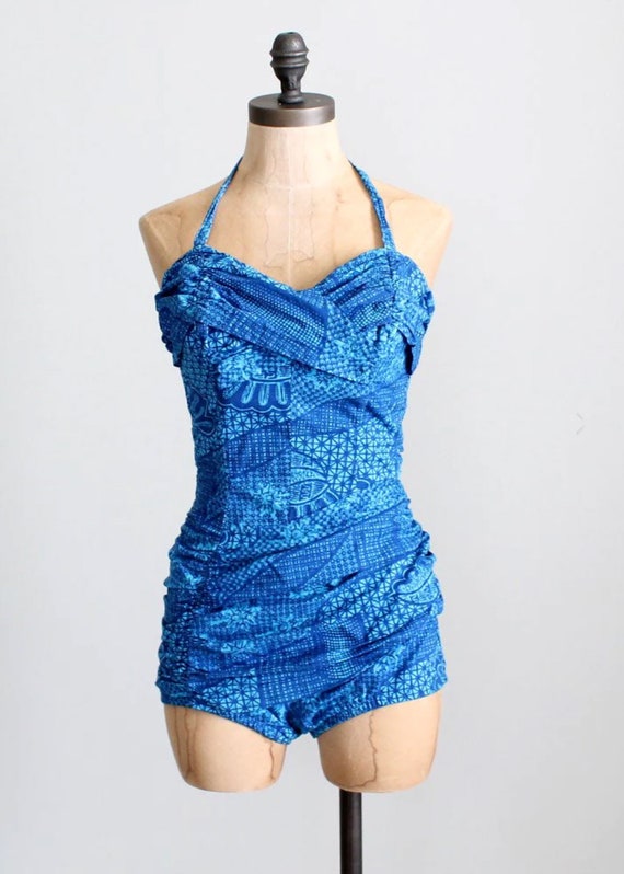 Vintage 1950s Swimsuit | Catalina Blue Tiki Pin U… - image 1