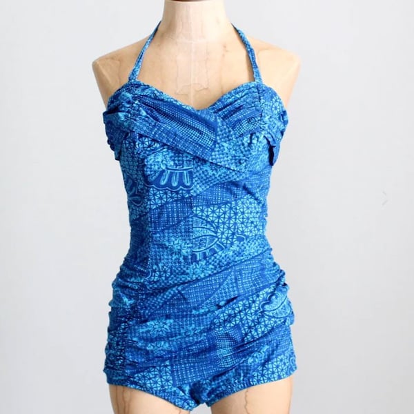 Vintage 1950s Swimsuit | Catalina Blue Tiki Pin Up Bathing Suit