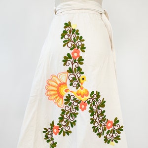 Vintage 1970s Skirt Made in Mexico 70s Embroidered Cotton Bird Wrap Skirt