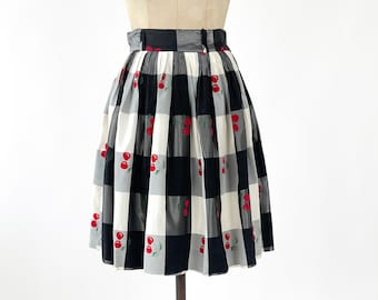 Vintage 1950s Skirt | 50s Flocked Cherries Taffeta Skirt