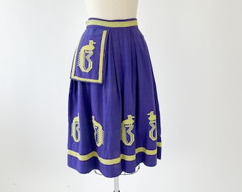 Vintage 1950s Skirt | 50s Embroidered Woven Cotton Skirt