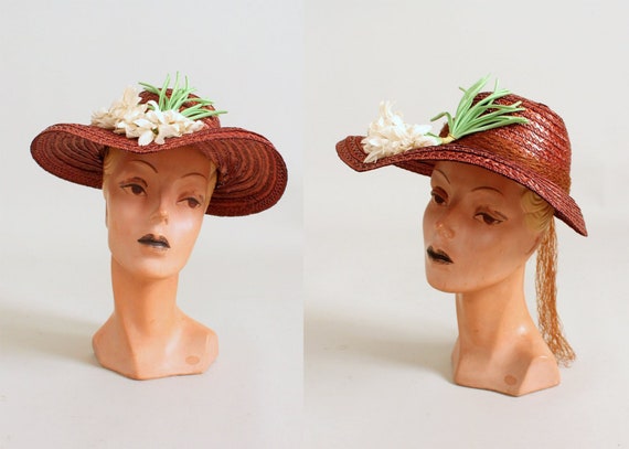 Vintage Early 1940s Bronze Straw Floral Hat