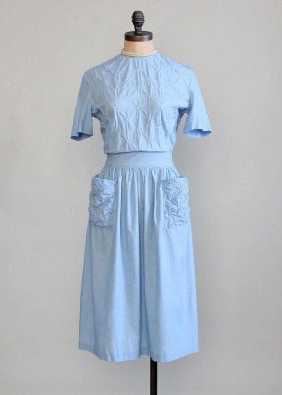 Vintage Early 1940s Blue Cotton Swing Dress