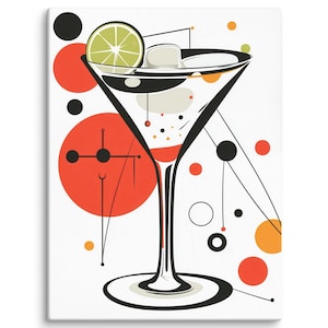 Retro Martini Glass Canvas Wall Art Print, Dekoracja drinków w stylu pop-artu z połowy wieku, Estetyka pokoju barowego, Dekoracja ścienna salonu koktajlowego Moebius