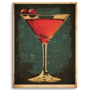 Odważny, retro, koktajlowy obraz na płótnie, wydruk Martini Pop Art do dekoracji wózka barowego, inspirowana stylem połowy wieku kuchnia lub jadalnia