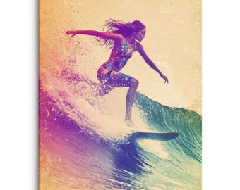 Solnedgångssurfkonst - Retro surfflicka på våg Vintage canvastavla - Tropisk kustväggdekoration - Strandhussurfingposter