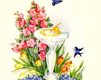 Pretty Bluebirds Bird Bath Garden Flowers Vintage Image Download