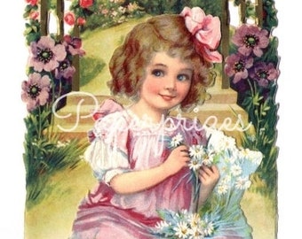 Sweet Little Girl Antique Image Purple Dress Garden Flowers Download