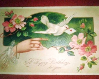 Vintage Postcard White Dove Hand Flowers