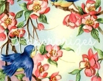 Bluebirds Pink Flowers Tree Branch Vintage Image Dowbnload