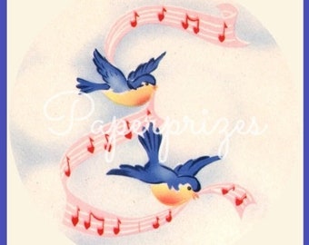 Bluebirds Musical Notes Vintage Image Digital Art Download