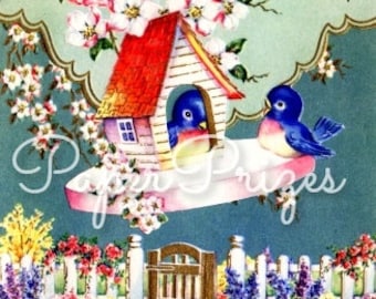 Bluebirds Bird House Garden Vintage Image Download