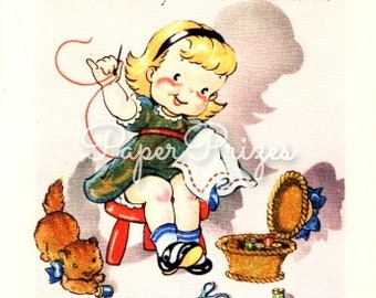 Little Girl Kitten Sewing Vintage Image Art Download