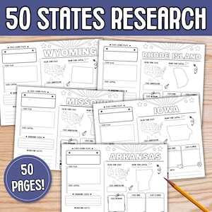 50 States Research Worksheets | 50 States Worksheet Pack | US Geography Homeschool | State Report Project | Social Studies Printable
