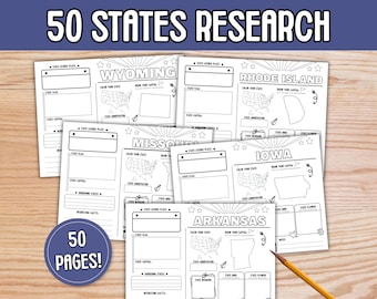 50 States Research Worksheets | 50 States Worksheet Pack | US Geography Homeschool | State Report Project | Social Studies Printable