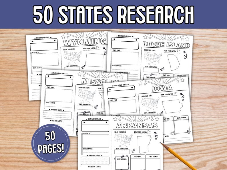 50 States Research Project | Homeschool | US Geography Worksheets | Social Studies Printables | Kindergarten | 1st Grade | 2nd Grade |