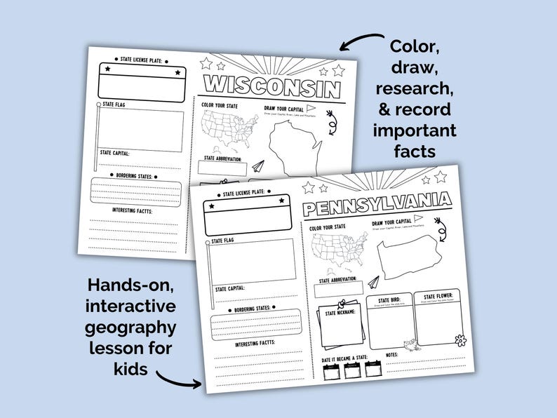 50 States Research Project | Homeschool | US Geography Worksheets | Social Studies Printables | Kindergarten | 1st Grade | 2nd Grade |