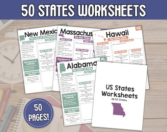 Hojas de trabajo imprimibles de los 50 estados de EE. UU. / Paquete de actividades de geografía / Páginas de investigación de datos estatales / Estudios sociales para educación en casa / Primaria superior
