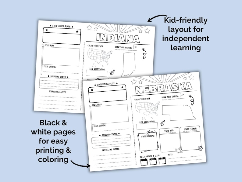 50 States Research Project | Homeschool | US Geography Worksheets | Social Studies Printables | Kindergarten | 1st Grade | 2nd Grade |