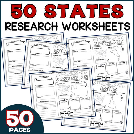50 States Research Project | Homeschool | US Geography Worksheets | Social Studies Printables | Kindergarten | 1st Grade | 2nd Grade |
