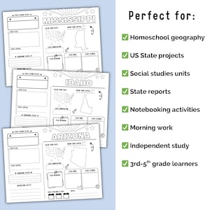 50 States Research Project | Homeschool | US Geography Worksheets | Social Studies Printables | Kindergarten | 1st Grade | 2nd Grade |