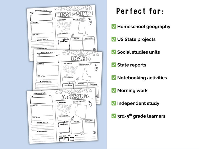 50 States Research Project | Homeschool | US Geography Worksheets | Social Studies Printables | Kindergarten | 1st Grade | 2nd Grade |