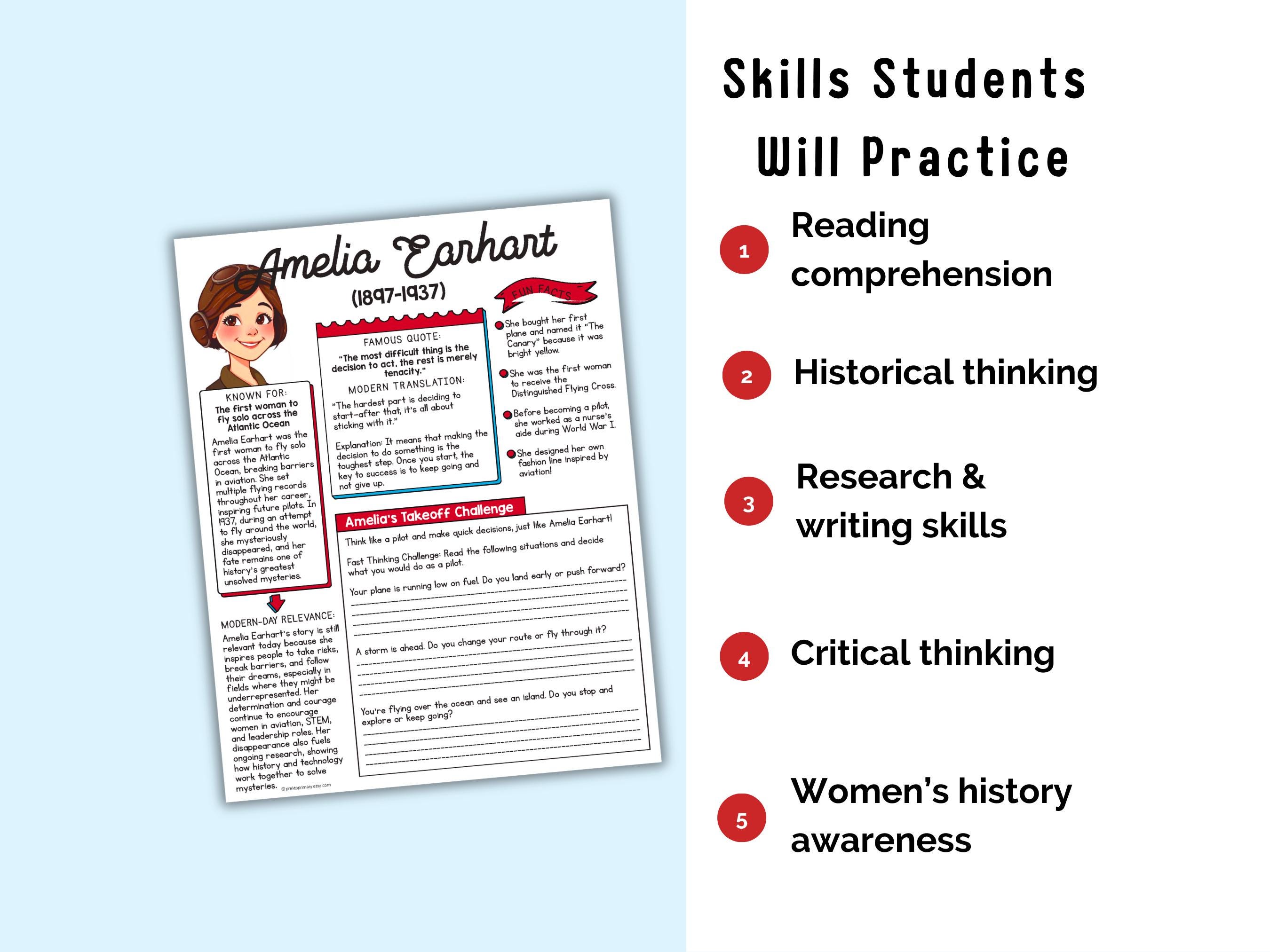 Amelia Earhart Biography Worksheet | Women's History Printable ...