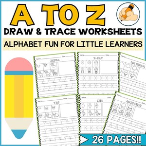 Hojas de trabajo para dibujar y trazar de la A a la Z / Práctica de escritura a mano / Preescolar / Jardín de infantes / Alfabeto / Reconocimiento de letras / Dibujo dirigido / ABC