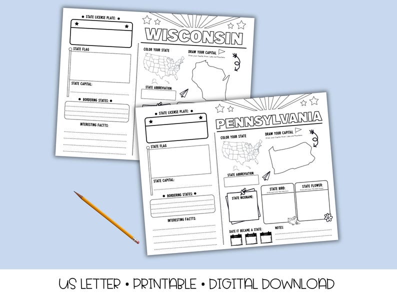 50 States Research Project | Homeschool | US Geography Worksheets | Social Studies Printables | Kindergarten | 1st Grade | 2nd Grade |